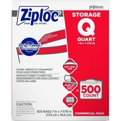 Ziploc&amp;reg; Seal Top Quart Storage Bags - Medium Size - 1 quart Capacity - 1.75 mil (44 Micron) Thickness - Clear - 500/Carton - Food