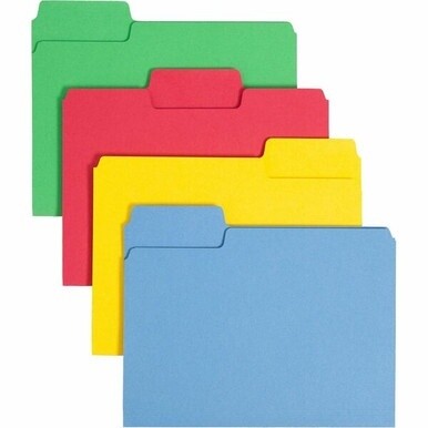 Smead SuperTab 1/3 Tab Cut Letter Recycled Top Tab File Folder - 8 1/2&quot; x 11&quot; - 3/4&quot; Expansion - Top Tab Location - Assorted Position Tab Position - Blue, Green, Yellow, Red - 10% Recycled - 100 / Box