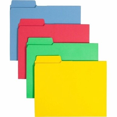 Smead SuperTab 1/3 Tab Cut Letter Recycled Top Tab File Folder - 8 1/2&quot; x 11&quot; - 3 Internal Pocket(s) - Blue, Red, Green, Yellow - 10% Recycled - 12 / Pack