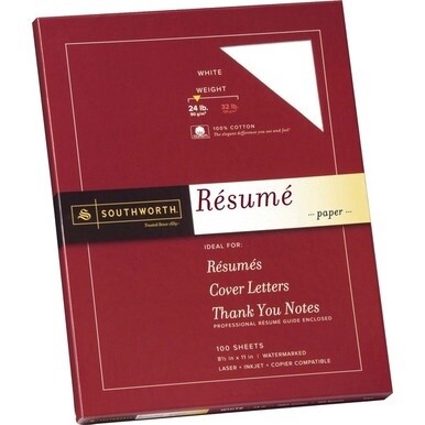 Southworth 100% Cotton Resume Paper - Letter - 8 1/2&quot; x 11&quot; - 24 lb Basis Weight - Wove - 100 / Box - White