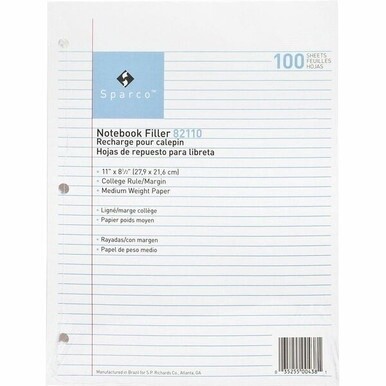 Sparco Notebook Filler Paper - Letter - 100 Sheets - Ruled Red Margin - 16 lb Basis Weight - Letter - 8 1/2&quot; x 11&quot; - White Paper - Subject - 100 / Pack
