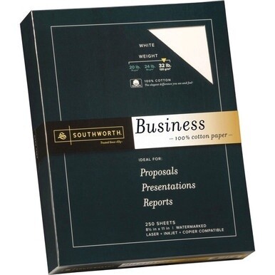 Southworth Premium Weight 100% Business Cotton Paper - Letter - 8 1/2&quot; x 11&quot; - 32 lb Basis Weight - Wove - 250 / Box - Acid-free, Watermarked - White