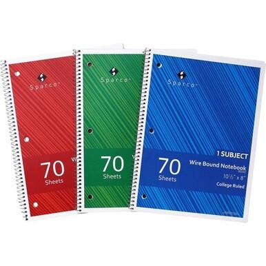 Sparco College Ruled Wire-bound Notebook - Wire Bound - 3 Hole(s) - 0.25" x 8" x 10.5" - Stiff-cover, Stiff-back, Perforated - 3 / Pack