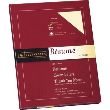 Southworth 100% Cotton Resume Paper - Letter - 8 1/2&quot; x 11&quot; - 24 lb Basis Weight - Wove - 100 / Box - Acid-free, Lignin-free - Ivory