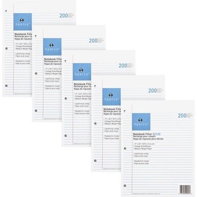 Sparco Notebook Filler Paper - Letter - 100 Sheets - Ruled Red Margin - 16 lb Basis Weight - Letter - 8 1/2&quot; x 11&quot; - White Paper - Subject - 1000 / Bundle