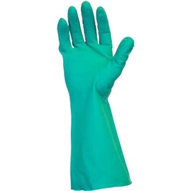 Safety Zone Green Flock Lined Nitrile Gloves - Chemical Protection - Small Size - Green - Raised Diamond Grip - For Dishwashing, Cleaning, Meat Processing - 15 mil Thickness - 13&quot; Glove Length