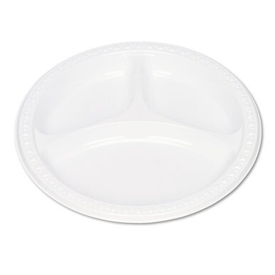 Plastic Dinnerware, Compartment Plates, 9&quot; dia, White, 125/Pack