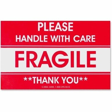 Tatco Fragile/Handle With Care Shipping Label - "Fragile - Handle with Care, Thank You" - 3" Width x 5" Length - Rectangle - Red - 500 / Roll - 500 / Roll