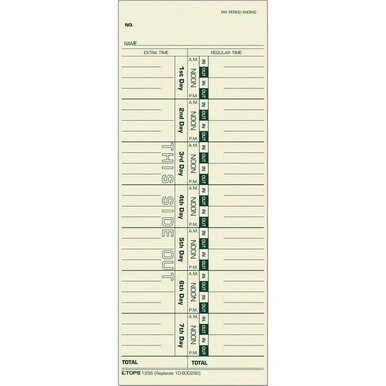 TOPS Regular/Overtime Weekly Time Cards - 3.50&quot; x 9&quot; Sheet Size - Manila - Manila Sheet(s) - Green Print Color - 500 / Box
