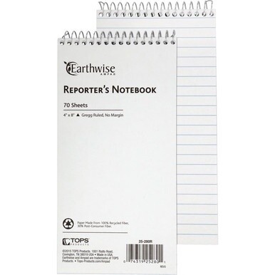 Ampad Earthwise Reporter's Notebook - 70 Sheets - Wire Bound - Front Ruling Surface - 0.34" Ruled - 15 lb Basis Weight - 4" x 8" - White Paper - WireLock, Chipboard Backing, Micro Perforated, Easy Tea