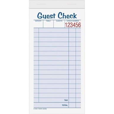 TOPS 2-part Carbonless Guest Check Books - 2 Part - 3.37&quot; x 5.50&quot; Sheet Size - Blue, Green, Red Print Color - 10 / Pack