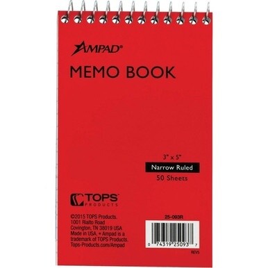 Ampad Topbound Memo Notebook - 50 Sheets - Wire Bound - 3&quot; x 5&quot; - White Paper - AssortedPressboard Cover - Mediumweight, Rigid - Recycled - 1 Each