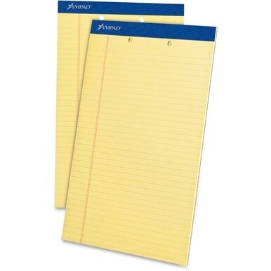 Ampad Writing Pad - 50 Sheets - Stapled - 0.34&quot; Ruled - 2 Hole(s) - 15 lb Basis Weight - Legal - 8 1/2&quot; x 14&quot; - Canary Yellow Paper - Dark Blue Binding - Perforated, Sturdy Back, Chipboard Backing, Te
