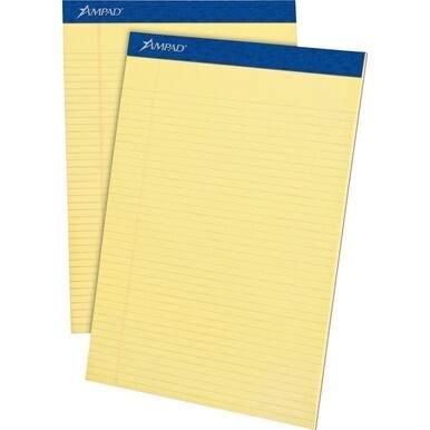 Ampad Writing Pad - 50 Sheets - Stapled - 0.25" Ruled - 15 lb Basis Weight - Letter - 8 1/2" x 11"8.5" x 11.8" - Canary Paper - Dark Blue Binding - Micro Perforated, Chipboard Backing, Sturdy Back, Te