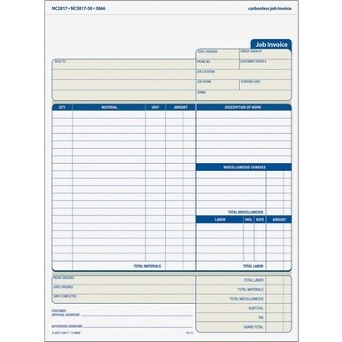 TOPS Three-part Carbonless Job Invoice Forms - 3 PartCarbonless Copy - 8.50&quot; x 11&quot; Sheet Size - White, Canary, Manila - Assorted Sheet(s) - Blue Print Color - 50 / Pack