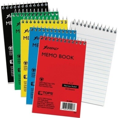 GSA MAS Ampad Topbound Memo Notebooks - 50 Sheets - Wire Bound - 3" x 5" - White Paper - AssortedPressboard Cover - Rigid, Mediumweight - Recycled - 5 / Bundle
