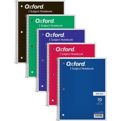 TOPS Wide Rule 1-subject Spiral Notebook - 70 Sheets - Wire Bound - 10 1/2&quot; x 8&quot; - 0.25&quot; x 8&quot; x 10.5&quot; - Assorted Paper - BlackCard Stock, Red, Blue, Green, Purple Cover - Perforated, Subject, Easy Tea