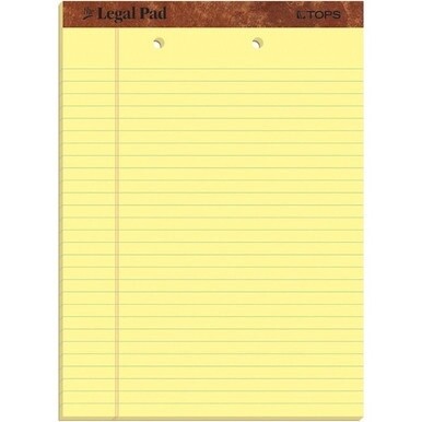 TOPS 2-Hole Top Punched Legal Pad - 50 Sheets - Double Stitched - 0.34&quot; Ruled - 16 lb Basis Weight - 8 1/2&quot; x 11 3/4&quot; - Canary Paper - Perforated, Punched, Hard Cover, Heavyweight - 1 Dozen