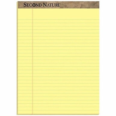 TOPS Second Nature Ruled Canary Writing Pads - 50 Sheets - 0.34" Ruled - Red Margin - 15 lb Basis Weight - 8 1/2" x 11 3/4" - Canary Paper - Perforated, Resist Bleed-through, Easy Tear - Recycled - 1 