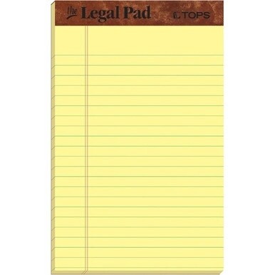 TOPS The Legal Pad Writing Pad - 50 Sheets - Double Stitched - 0.28&quot; Ruled - 16 lb Basis Weight - Jr.Legal - 5&quot; x 8&quot; - Canary Paper - Chipboard Cover - Perforated, Hard Cover, Removable - 1 Dozen