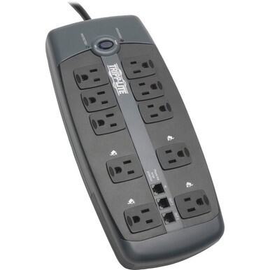 Tripp Lite by Eaton Protect It! 10-Outlet Surge Protector 8 ft. (2.43 m) Cord with Right-Angle Plug 2395 Joules Tel/DSL Protection Black Housing - 10 x NEMA 5-15R - 1800 VA - 2395 J - 120 V AC Input -