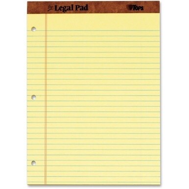 TOPS The Legal Pad Writing Pad - 50 Sheets - Double Stitched - 0.34&quot; Ruled - 16 lb Basis Weight - 8 1/2&quot; x 11 3/4&quot; - Canary Paper - Perforated, Punched, Hard Cover - 1 Dozen