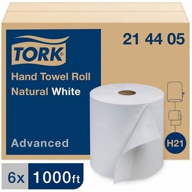 Tork Hand Towel Roll, White, Advanced, H21, Disposable, High Capacity, 1-Ply, 6 Rolls x 1000 - 214405 - Tork Hand Towel Roll, White, Advanced, H21, Disposable, High Capacity, 1-Ply, 6 Rolls x 1000, 21