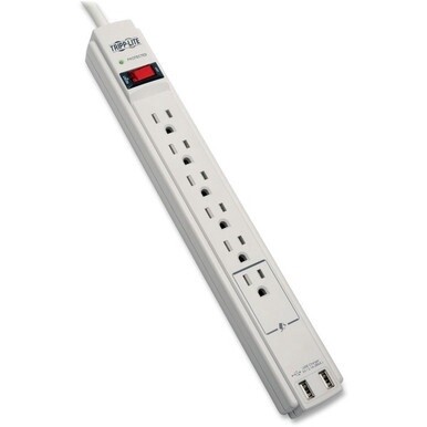 Tripp Lite by Eaton Protect It! 6-Outlet Surge Protector 6 ft. (1.83 m) Cord 990 Joules 2 x USB Charging ports (2.1A) Gray Housing - 6 x NEMA 5-15R, 2 x USB - 1875 VA - 990 J - 125 V AC Input - 5 V DC