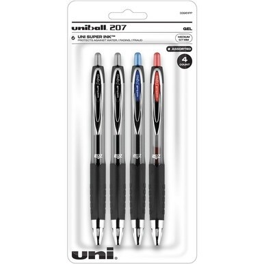 uniball&amp;trade; 207 Gel Pen - Medium Pen Point - 0.7 mm Pen Point Size - Refillable - Retractable - Assorted Gel-based Ink - 4 / Pack