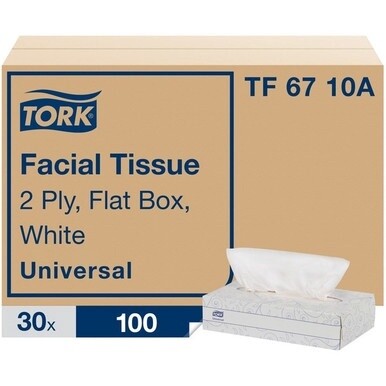 TORK Universal Facial Tissue Flat Box - 2 Ply - 7.90&quot; x 8.20&quot; - White - Paper - Soft, Absorbent, Low Linting - For Face - 100 Per Box - 3000 / Sheet