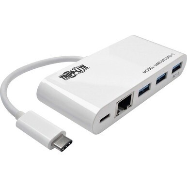 Tripp Lite by Eaton 3-Port USB 3.2 Gen 1 Hub with LAN Port and Power Delivery USB-C to 3x USB-A Ports and Gigabit Ethernet White - USB 3.1 Type C - External - 4 USB Port(s) - 1 Network (RJ-45) Port(s)