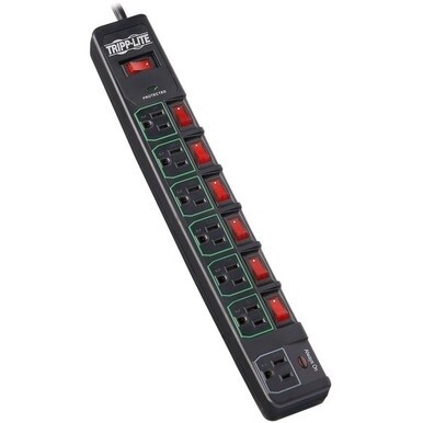 Tripp Lite by Eaton ECO-Surge 7-Outlet Surge Protector, 6 ft. (1.83 m) Cord, 1080 Joules, 6 Individually Controlled Outlets, Black Housing - 7 x NEMA 5-15R - 1800 VA - 1080 J - 120 V AC Input - 120 V 