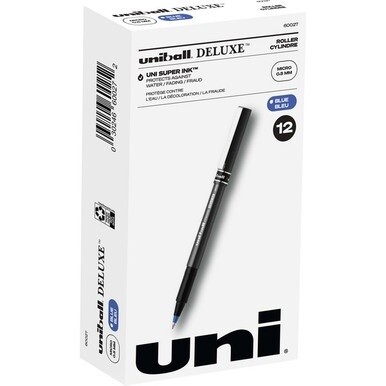 uniball&amp;trade; Deluxe Rollerball Pens - Micro Pen Point - 0.5 mm Pen Point Size - Blue - Gray Barrel - 1 Dozen