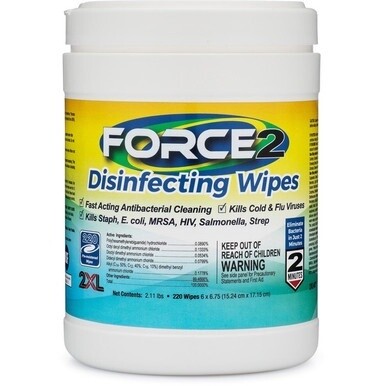 2XL FORCE2 Disinfecting Wipes - 6.75" Length x 6" Width - 220 / Tub - 1 Each - White