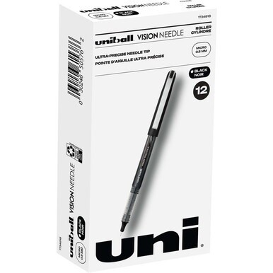 uniball&amp;trade; Vision Needle Rollerball Pens - Micro Pen Point - 0.5 mm Pen Point Size - Black Liquid Ink - 1 Dozen