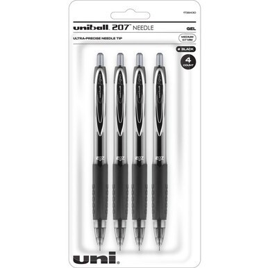 uniball&amp;trade; 207 Needle Gel Pens - Medium Pen Point - 0.7 mm Pen Point Size - Needle Pen Point Style - Refillable - Retractable - Black Gel-based Ink - Black Plastic Barrel - Tungsten Carbide, Stain