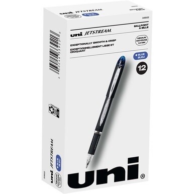 uni&amp;reg; Jetstream Ballpoint Pens - Medium Pen Point - 1 mm Pen Point Size - Blue Pigment-based Ink - Black Stainless Steel Barrel - 1 Dozen