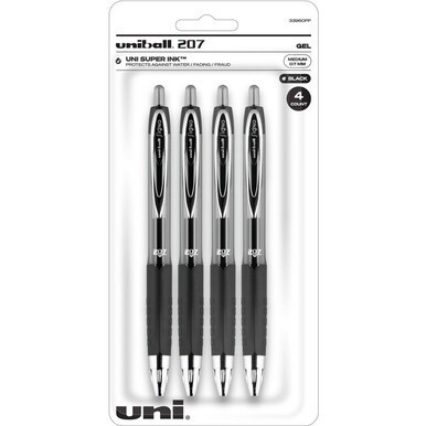 uniball&amp;trade; 207 Gel Pen - Medium Pen Point - 0.7 mm Pen Point Size - Refillable - Retractable - Black Gel-based Ink - Plastic Barrel - Tungsten Carbide Tip - 4 / Pack