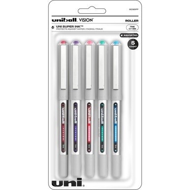uniball&amp;trade; Vision Rollerball Pens - Fine Pen Point - 0.7 mm Pen Point Size - Red, Brilliant Blue, Evergreen, Pink, Purple - 5 / Pack