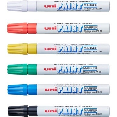 uni&amp;reg; uni-Paint PX-20 Oil-Based Paint Marker - Medium Marker Point - Assorted, Blue, Red, Green, Yellow, Black Oil Based Ink - White Barrel - 6 / Set