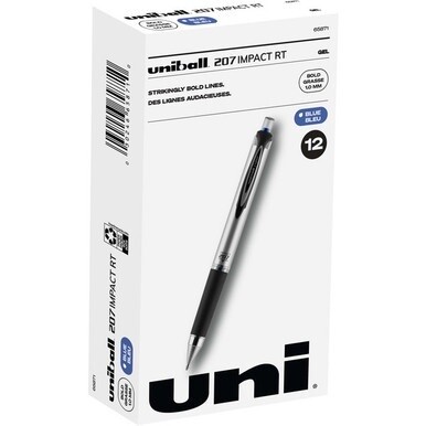 uniball&amp;trade; 207 Impact RT Gel Pens - Bold Pen Point - 1 mm Pen Point Size - Refillable - Retractable - Blue Gel-based Ink - Metallic Barrel - 1 Dozen
