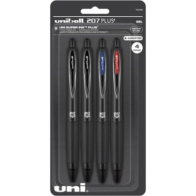 uniball&amp;trade; 207 Plus+ Gel Pen - Medium Pen Point - 0.7 mm Pen Point Size - Retractable - Assorted Gel-based, Nanofiber Ink Ink - Black Metal Barrel - 4 / Pack