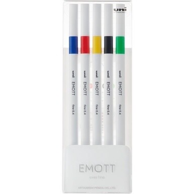 uni&amp;reg; EMOTT Fineliner Marker Pens - Assorted Water Based Ink - Plastic Tip - 5 / Set