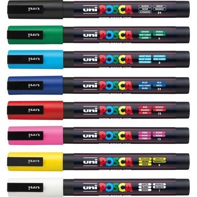 uni&amp;reg; Posca PC-3M Paint Markers - Fine Marker Point - Green, Blue, Light Blue, Yellow, Red, Pink, White, Black Water Based, Pigment-based Ink - 8 / Pack