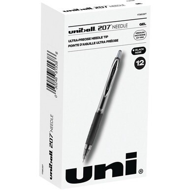 uniball&amp;trade; 207 Needle Gel Pens - Medium Pen Point - 0.7 mm Pen Point Size - Needle Pen Point Style - Retractable - Black - Black Barrel - 1 Dozen