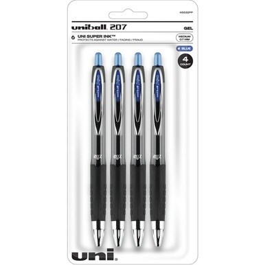 uniball&amp;trade; 207 Gel Pen - Medium Pen Point - 0.7 mm Pen Point Size - Refillable - Retractable - Blue Gel-based Ink - Plastic Barrel - Tungsten Carbide Tip - 4 / Pack