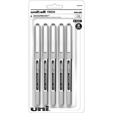 uniball&amp;trade; Vision Rollerball Pen - Fine Pen Point - 0.7 mm Pen Point Size - Black - 5 / Pack