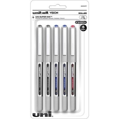 uniball&amp;trade; Vision Rollerball Pen - Fine Pen Point - 0.7 mm Pen Point Size - Black, Blue, Red - 5 / Pack