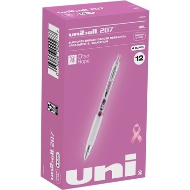 uniball&amp;trade; 207 Pink Ribbon Gel Pens - 0.7 mm Pen Point Size - Refillable - Retractable - Black Gel-based Ink - Pink, Black Barrel - 12 / Box