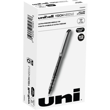 uniball&amp;trade; Vision Needle Rollerball Pens - Fine Pen Point - 0.7 mm Pen Point Size - Black Liquid Ink - Silver Barrel - 1 Dozen